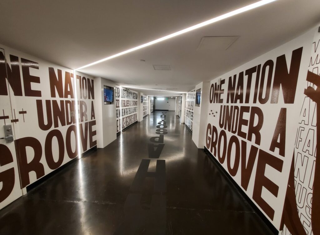 National Museum of African American Music hallway with One Nation Under A Groove wall writings