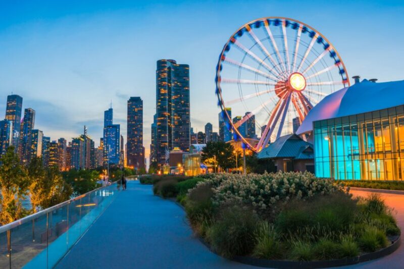 Navy Pier, Chicago, at sunset with ferris wheel