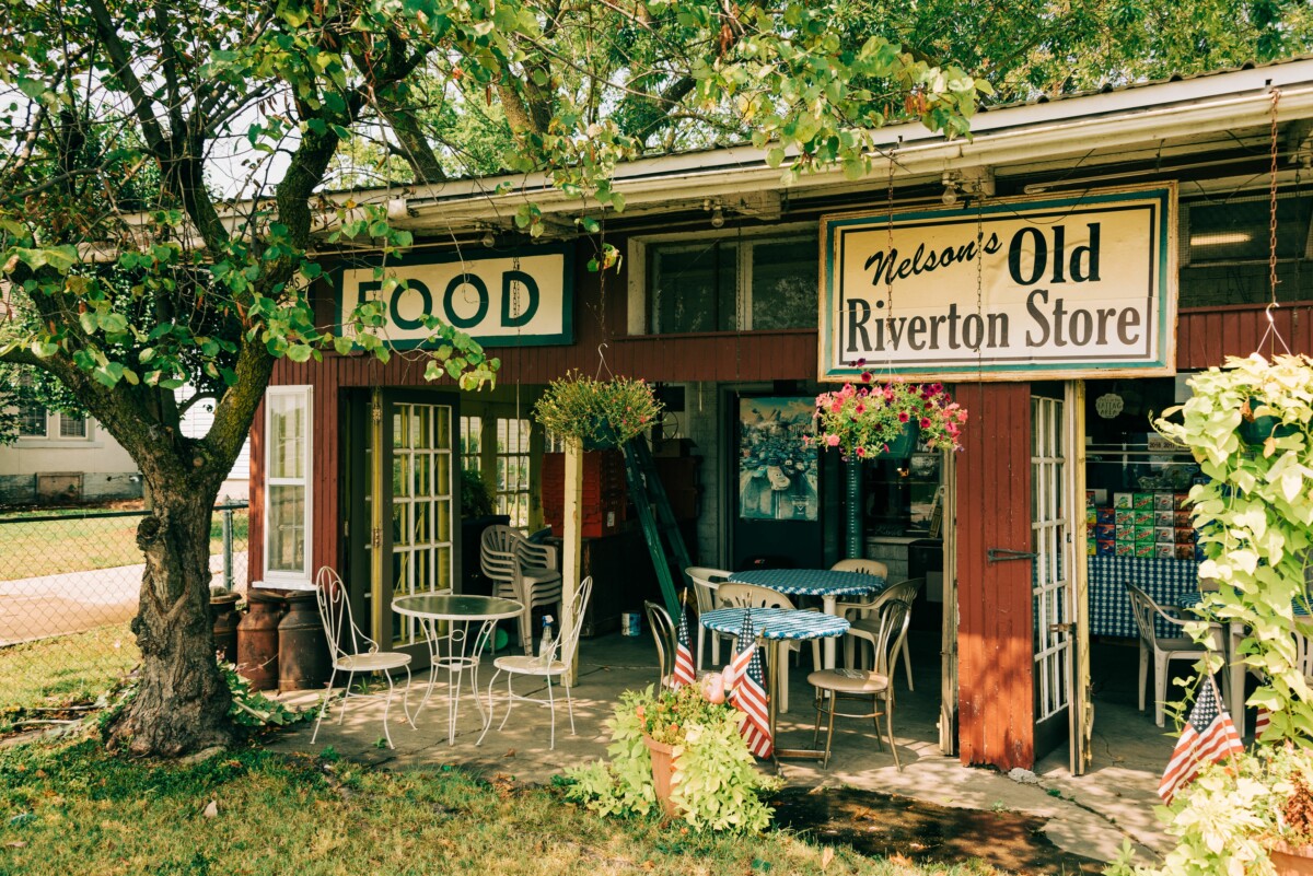 Front and outdoor tables at Nelsons Old Riverton Store on Route 66 in Riverton, Kansas