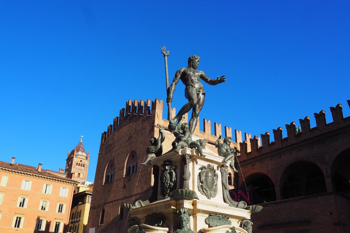 Neptune Fountain and historic architecture in Bologna, Italy