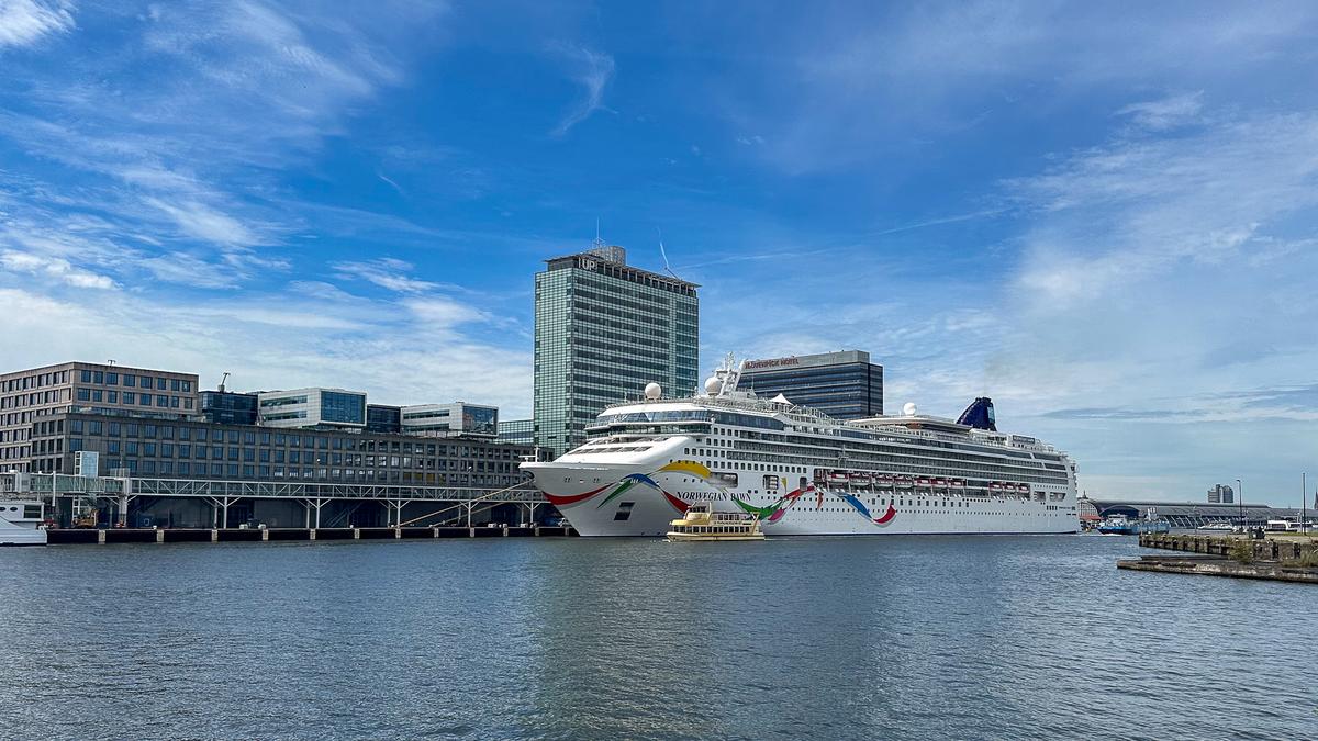 Norwegian cruise ship docked on Amsterdam's IJ waterfront