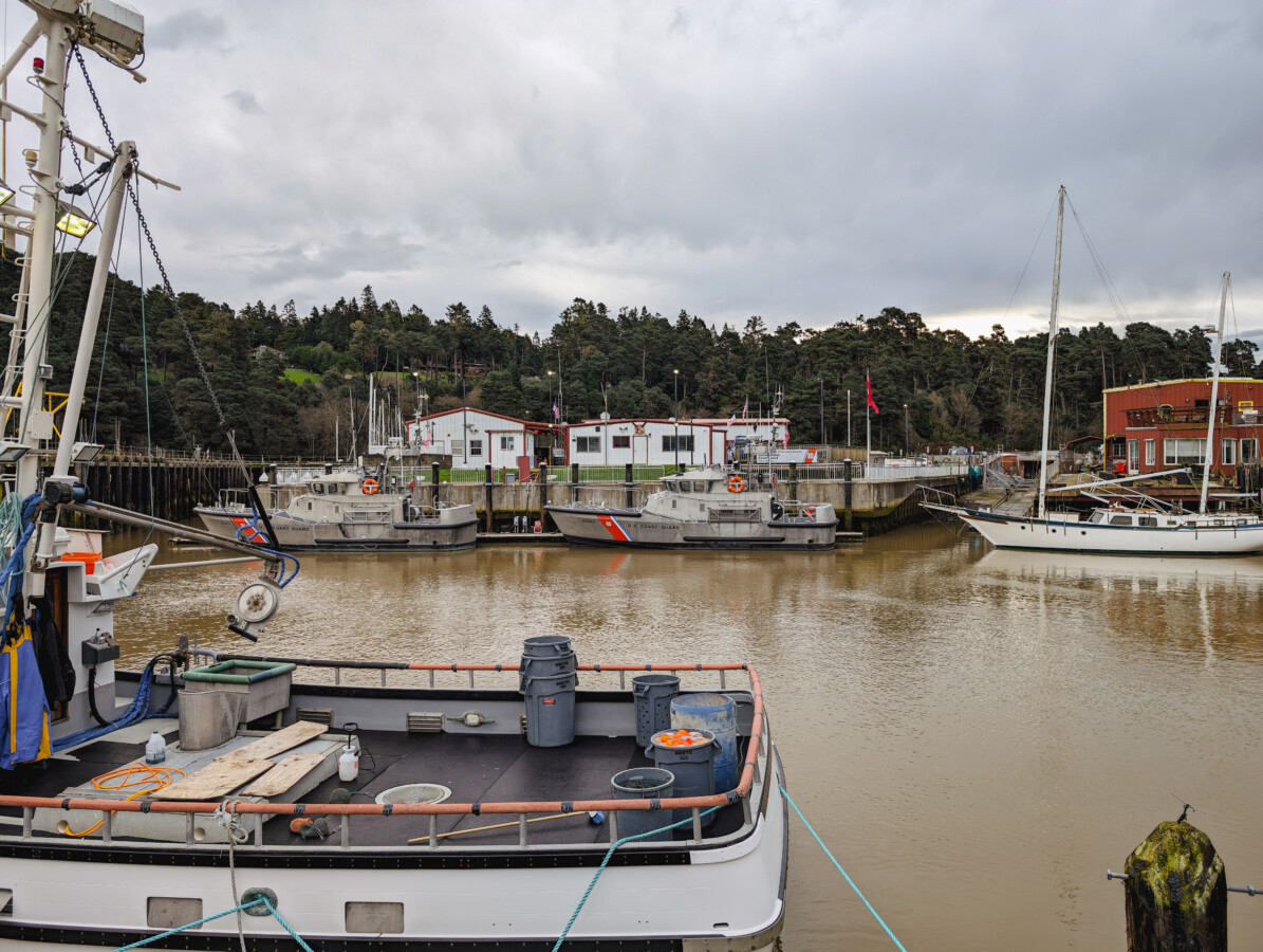 View of boats in Noyo harbor in Fort Bragg