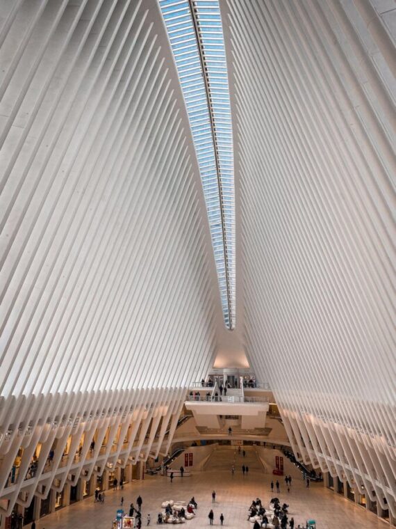 World Trade Center Station architecture with sky-view skylight in NYC