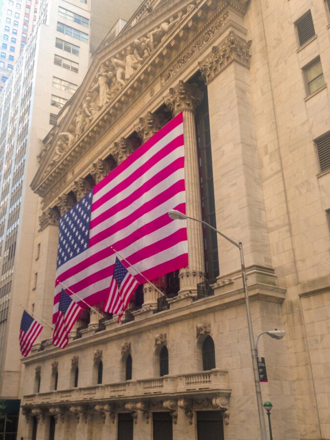 American flags adorn New York Stock Exchange on Wall Street
