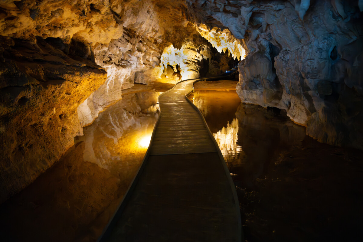 Stalactites and stalagmites inside a Waitomo limestone cave