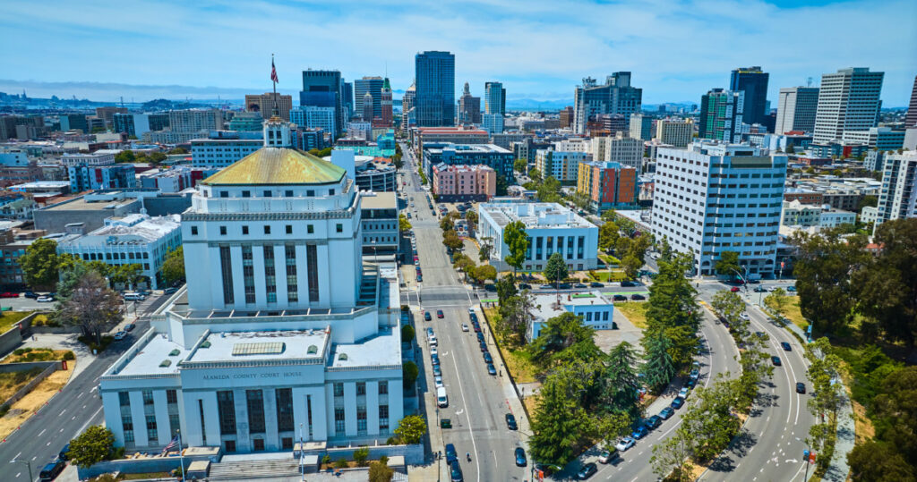 Aerial view of Oakland, California on a sunny day