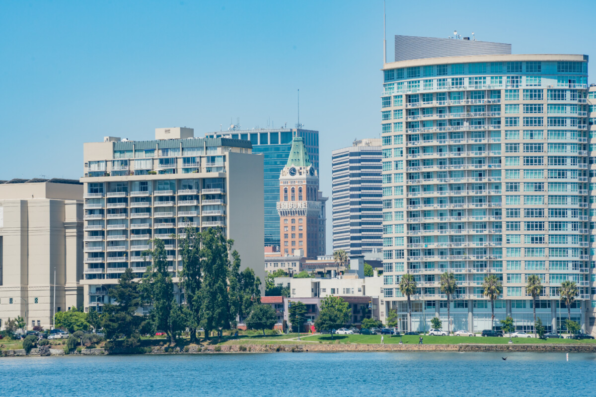 Morning view of some building around Lake Merritt and Oakland Tribune Tower