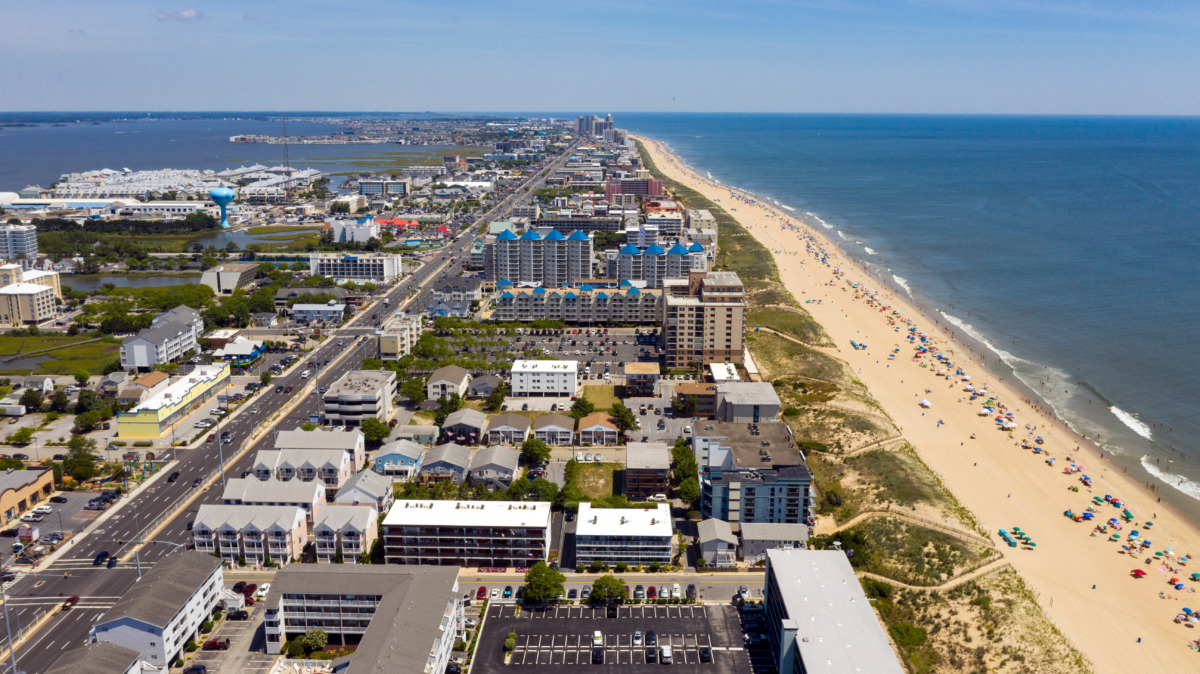 Aerial view of beach in Ocean City, Maryland