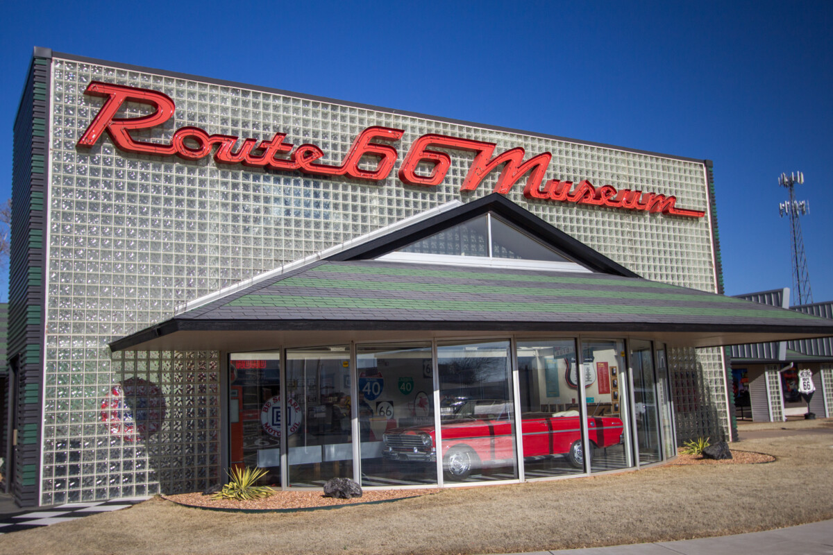 Sign and front of Oklahoma Route 66 Museum building in Clinton, Oklahoma