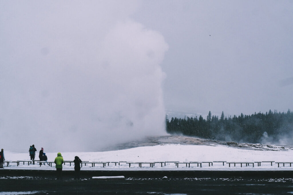 Old Faithful Geyser in Yellowstone National Park in late fall or winter