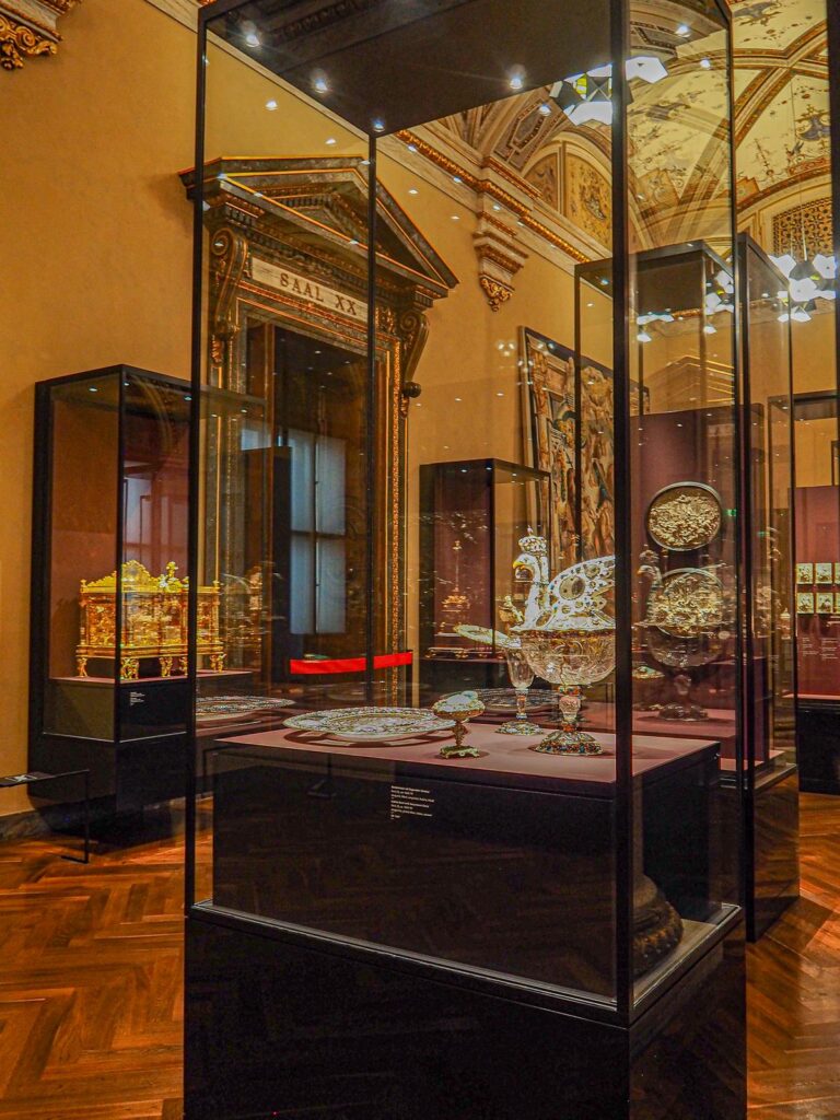 Kunstkammer display cases with gold and silver objects at the KHM
