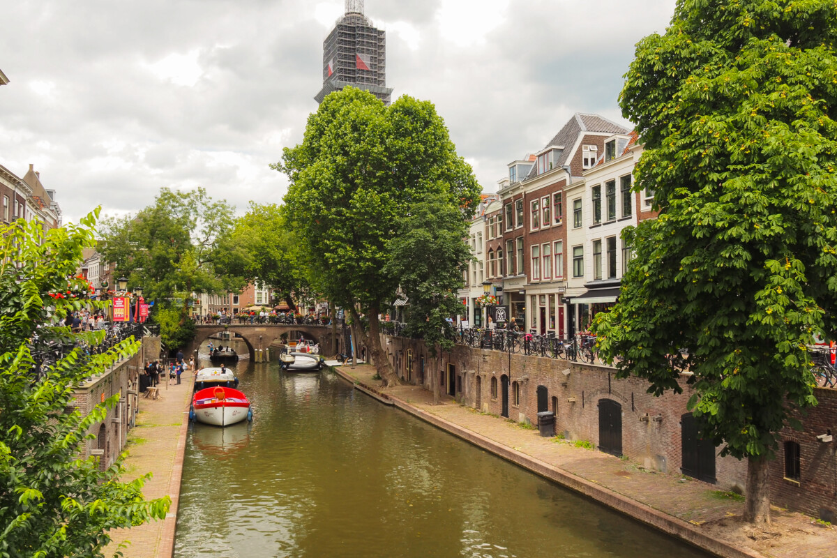 Oudegracht canal with wharf terraces in Utrecht city center