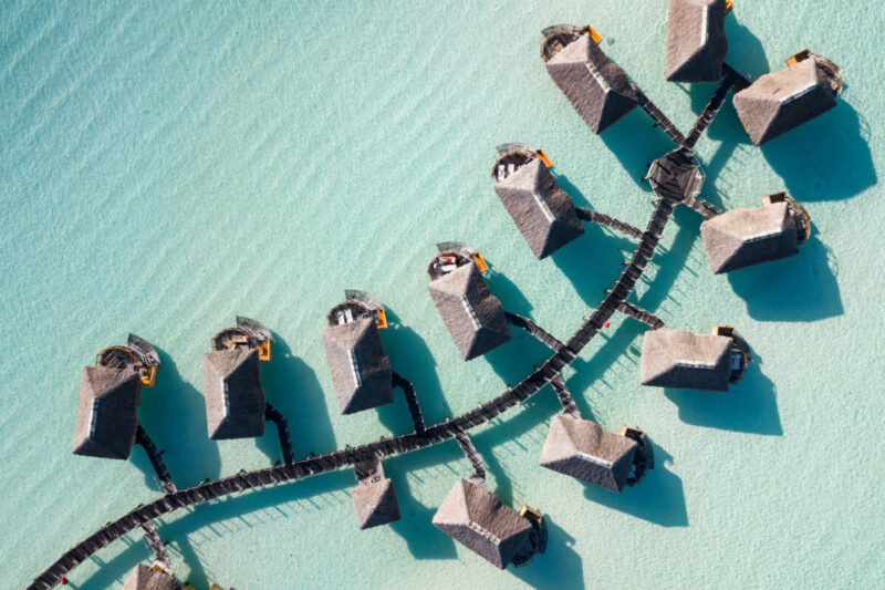 Aerial photo of overwater bungalows in Bora Bora