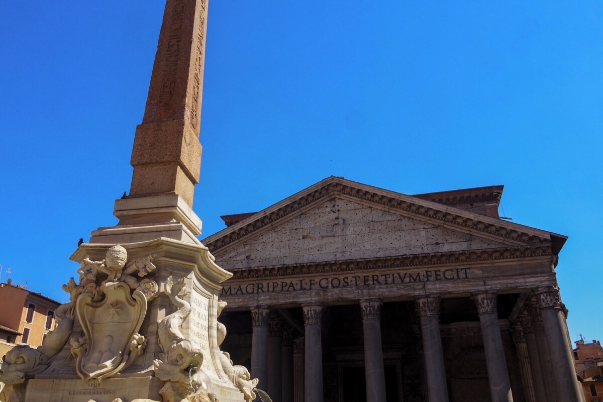Pantheon portico and the obelisk fountain in Piazza della Rotonda, Rome
