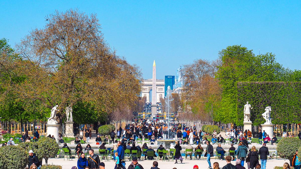 Spring day at Jardin des Tuileries, Paris with iconic landmarks