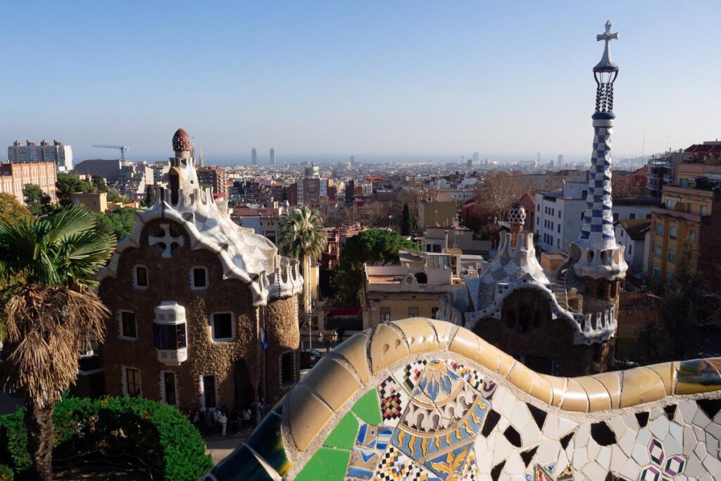Park Güell panoramic view over Barcelona cityscape