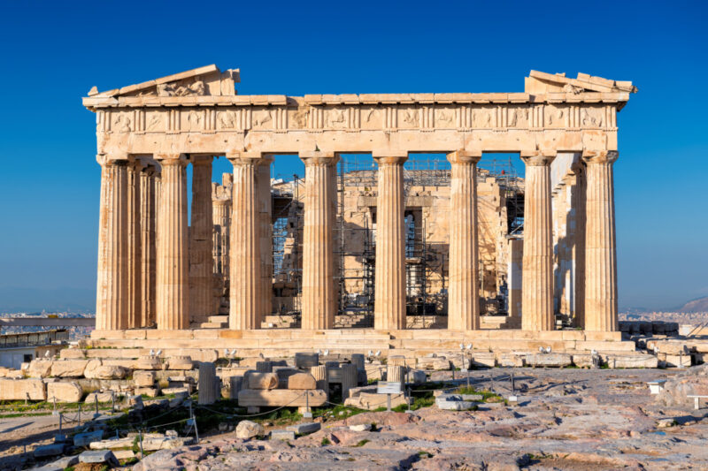 Front and classical architecture of the Parthenon Temple in Athens, Greece