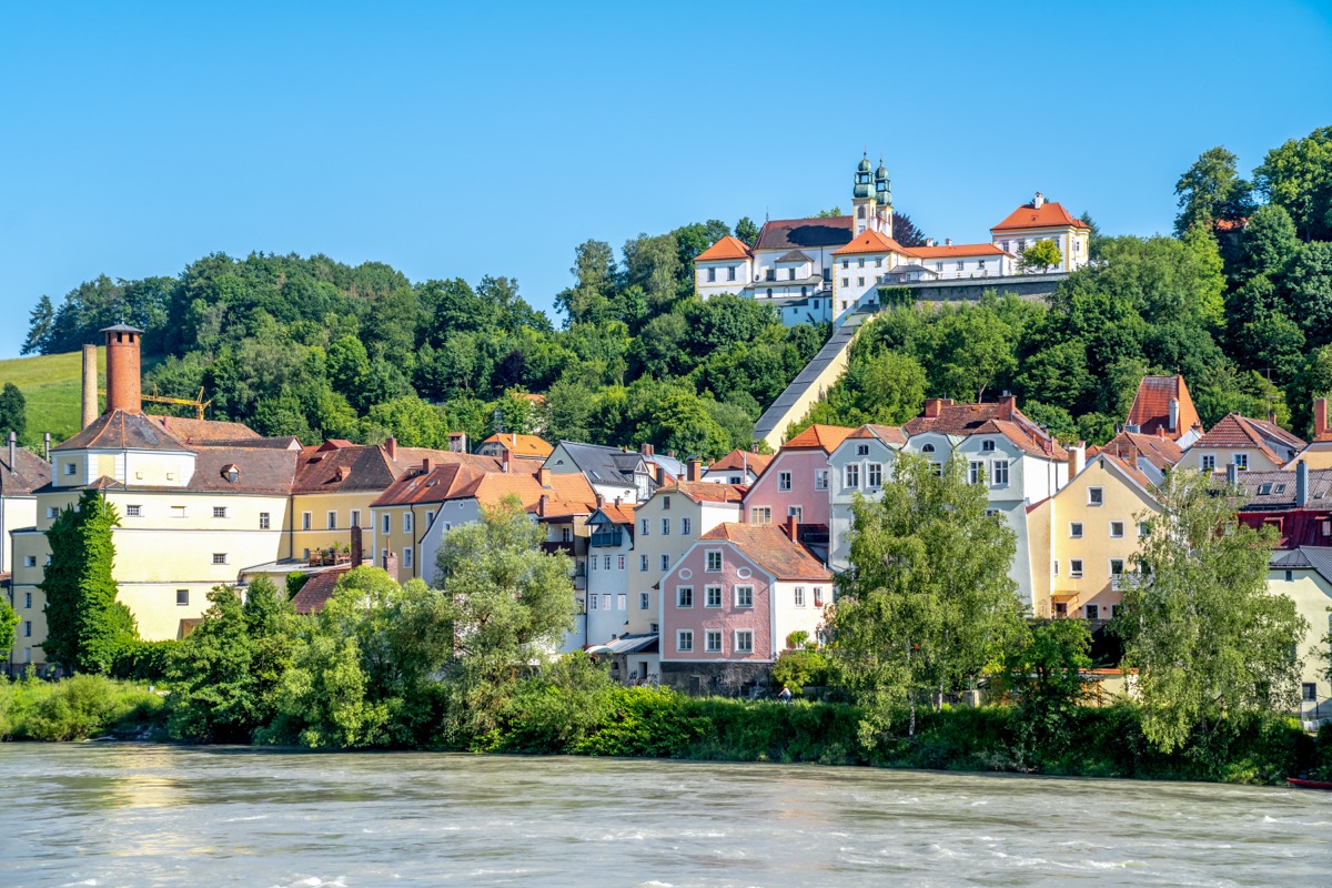 Iconic Wallfahrtskirche Mariahilf overlooking Passaus rivers and colorful architecture in Bavaria, Germany.