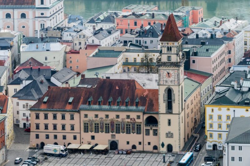 Aerial view of Passau Town Hall on Three Rivers Island overlooking the Inn River.