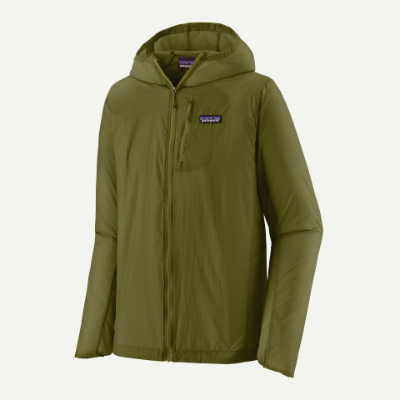 Green Patagonia Houdini Jacket displayed, showcasing its lightweight design and versatile outdoor functionality.