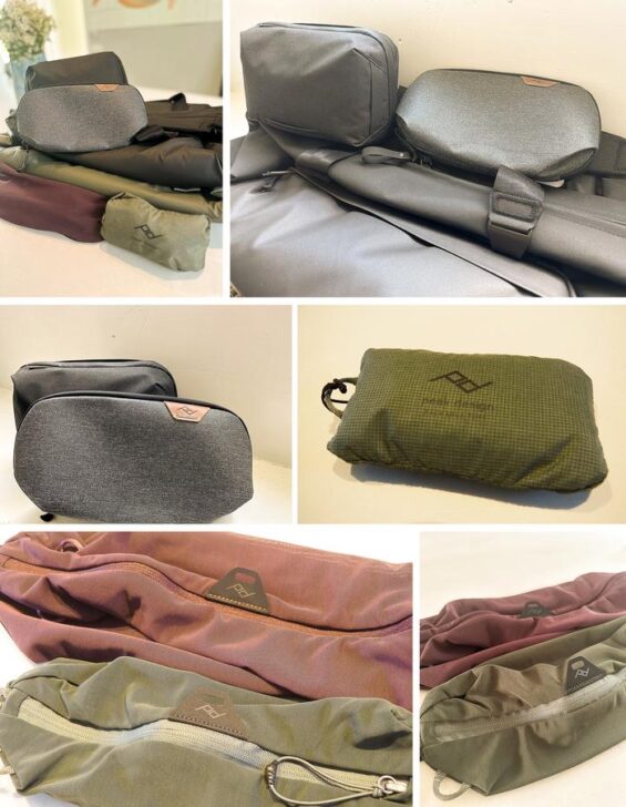 Peak Design travel gear including backpacks, pouches, and camera accessories arranged together
