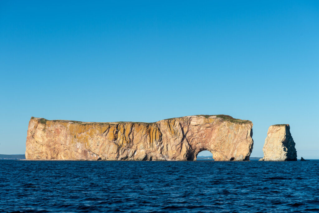 Perce Rock and skyline in Gaspe Peninsula, Quebec, Canada