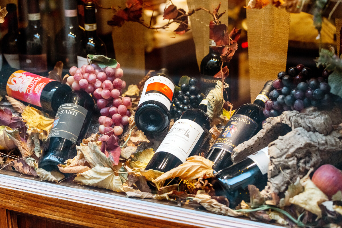 Montalcino wines in Pienza, Italy local market