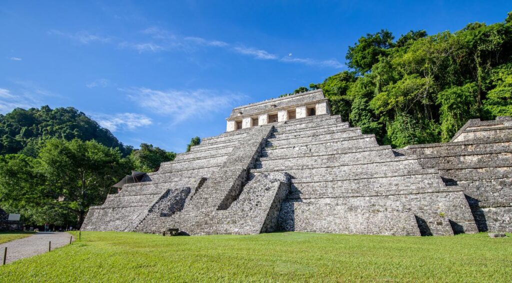 Stone temples and green plazas at the Palenque archaeological site
