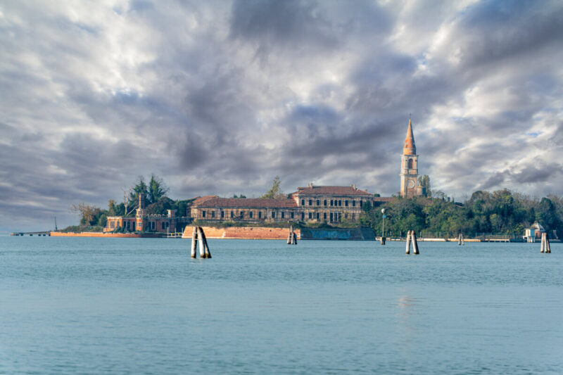 Dark clouds over the island of Poveglia, located in the Venetian Lagoon, Venice.