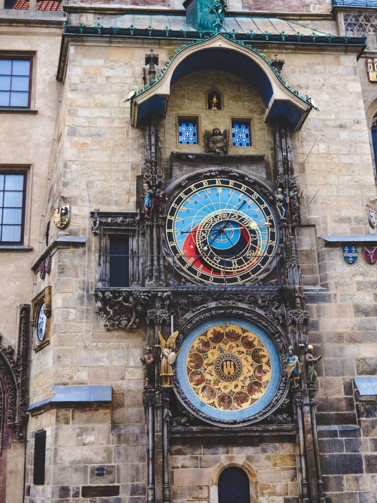 Close-up of Prague Astronomical Clock with astronomical and calendar dials