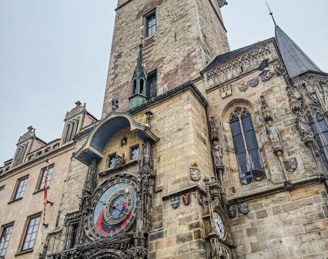 Prague Astronomical Clock on Old Town Hall Tower, Gothic architecture, astronomical dial, zodiacal ring, historical landmark