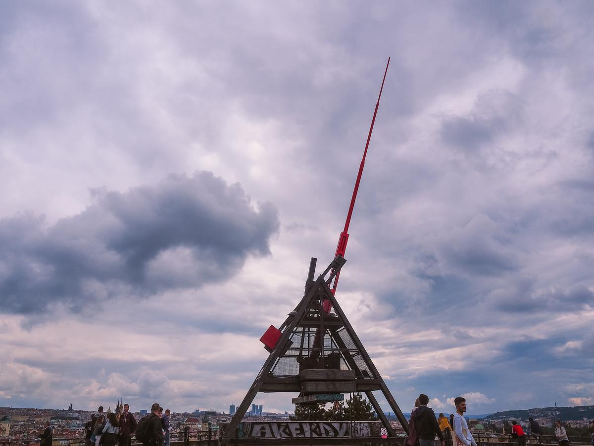 Prague skyline with iconic Metronome sculpture