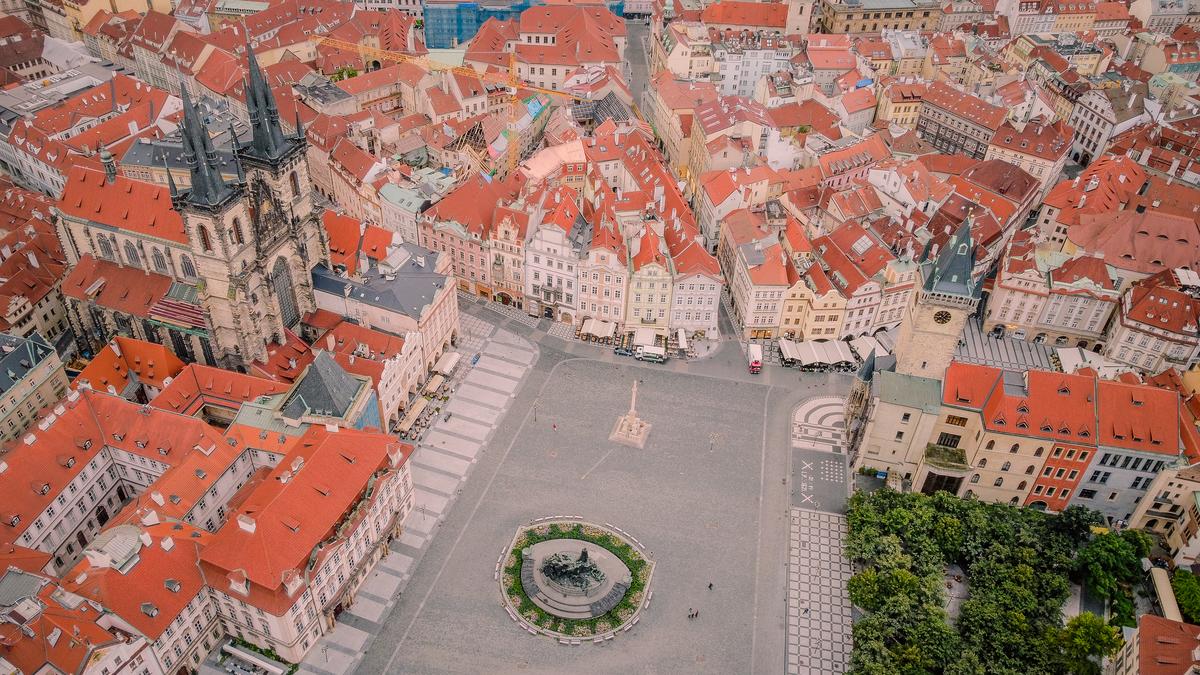 Aerial view of Prague Old Town Square with Gothic and Baroque architecture
