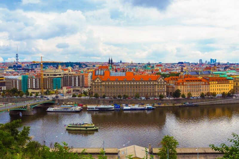 Panoramic view of Prague skyline and Vltava River from Letna Park