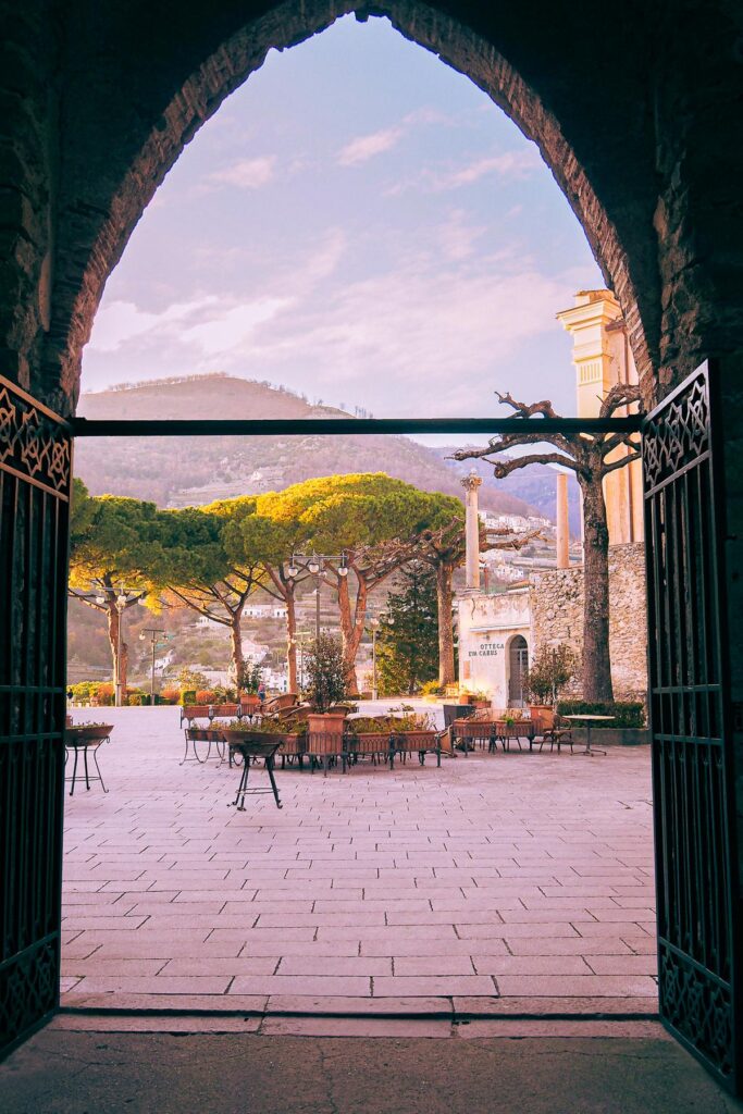 Piazza Centrale in Ravello framed by an arched stone gateway