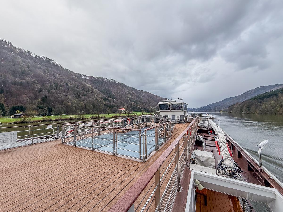 Scenic rooftop view on Viking Jarl cruise ship on the Danube River, perfect for European adventures