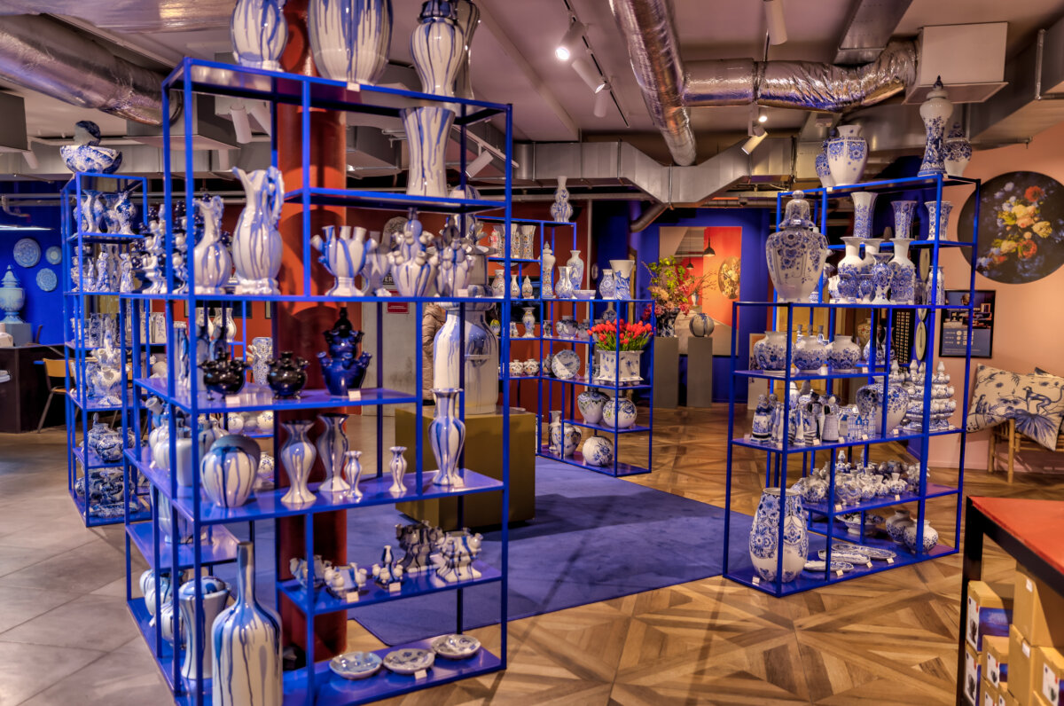 Delft Blue pottery displayed inside Royal Delft Museum