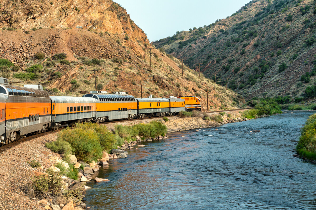 Royal Gorge Route Railroad Passing a Mountain Range
