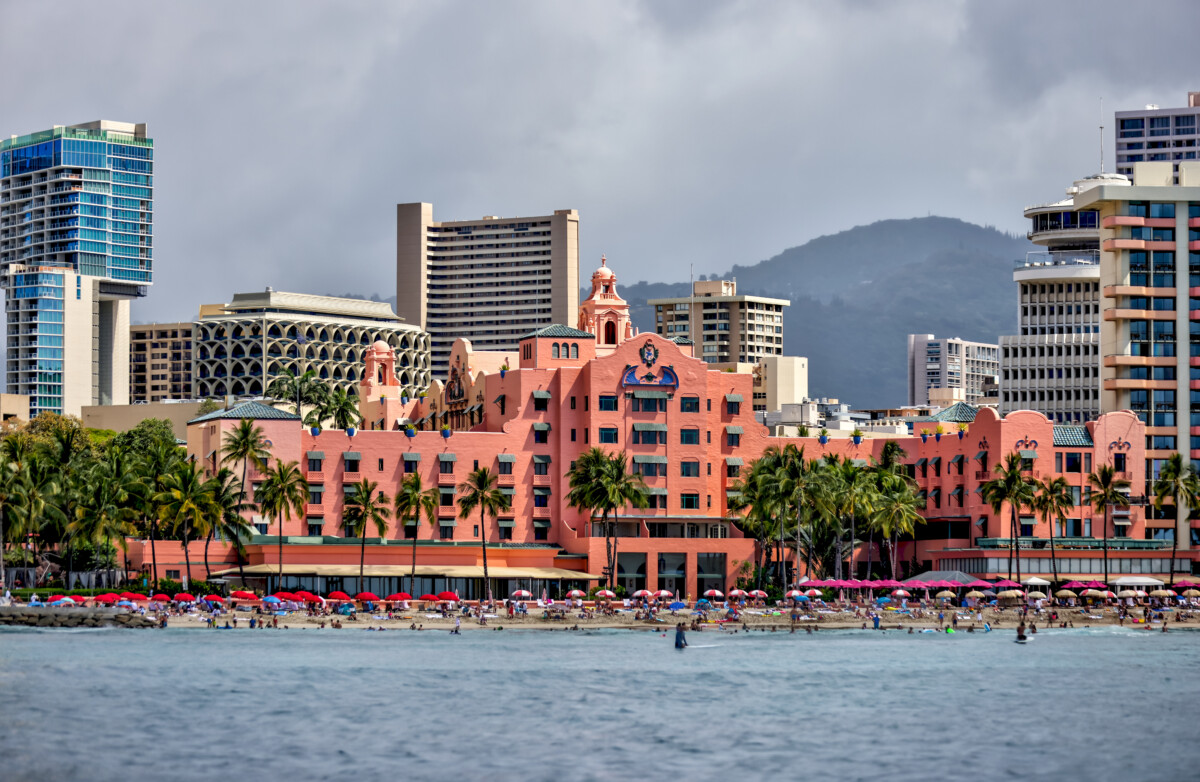 The Royal Hawaiian Hotel seen from the water along the shores of Waikiki