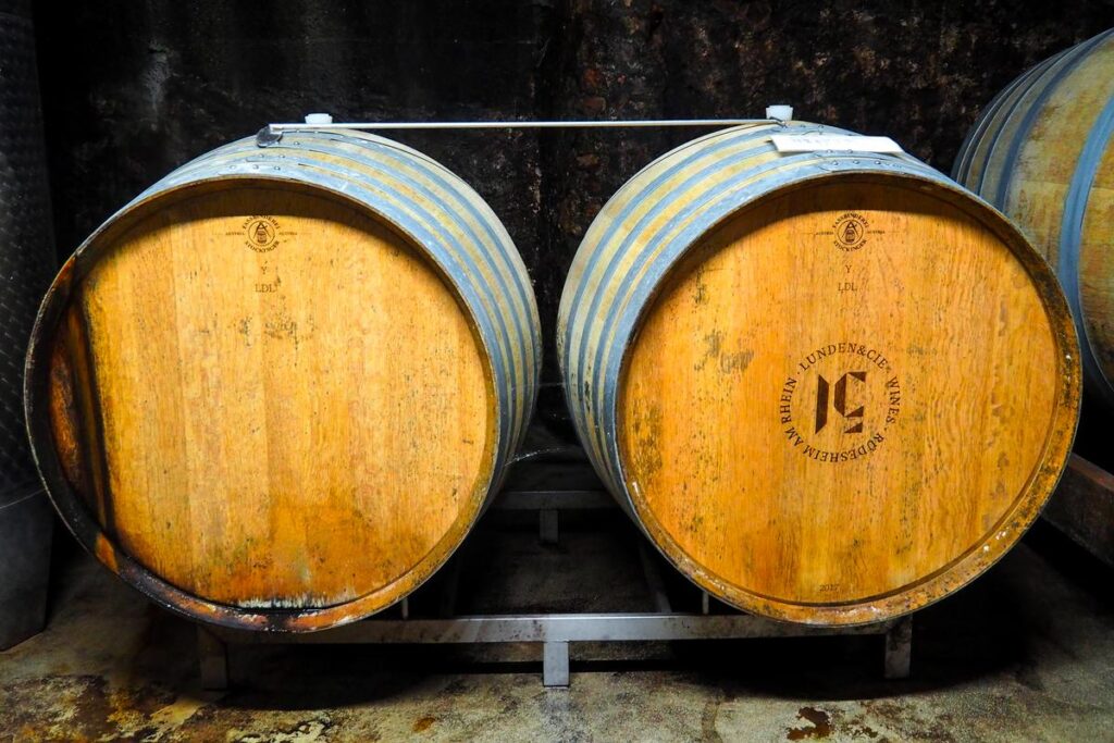 Oak wine barrels in a cellar in Rüdesheim am Rhein