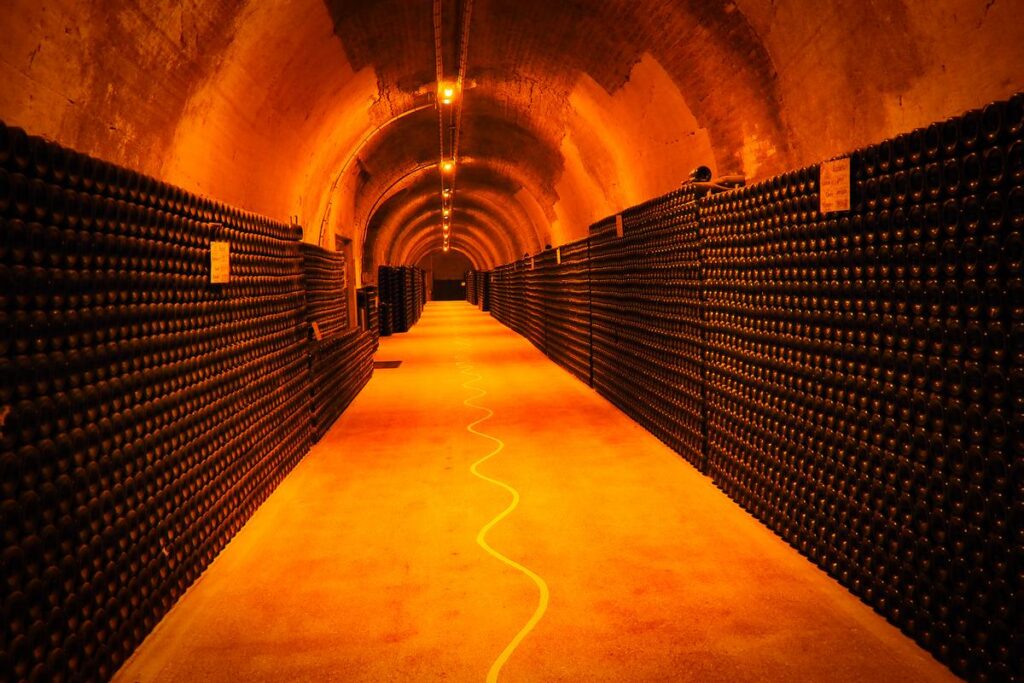 Ruinart's champagne cellar with aged bottles, riddling racks, and historic limestone tunnels in Reims, Champagne, France.