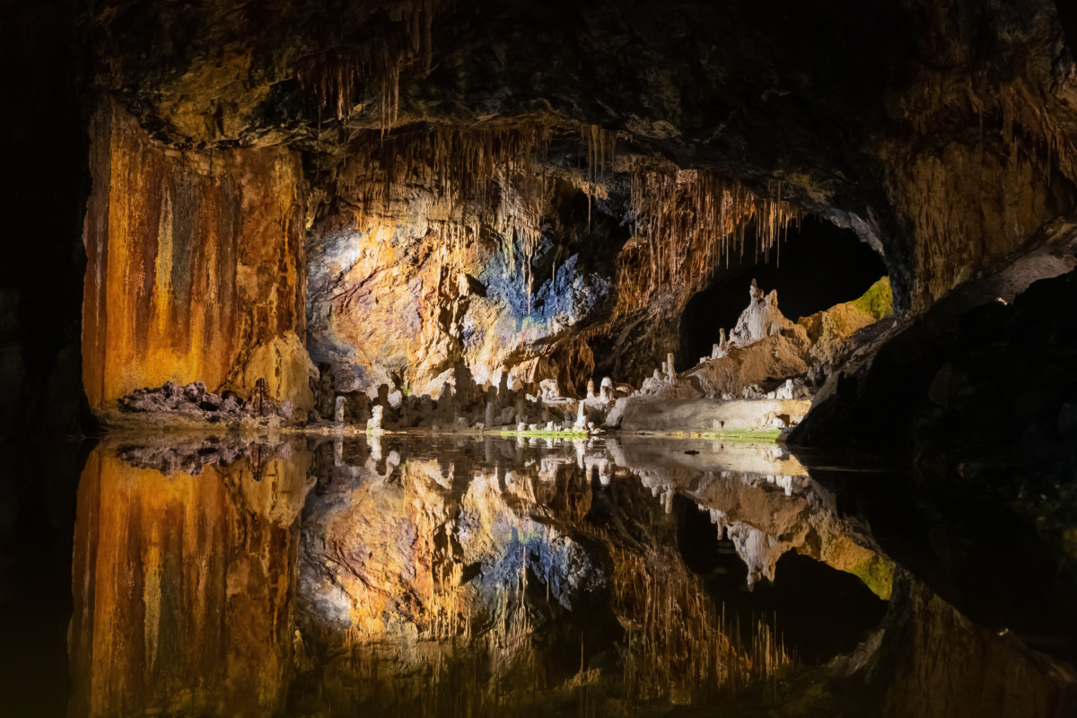 Colorful mineral formations inside Saalfeld Fairy Grottoes in Thuringia