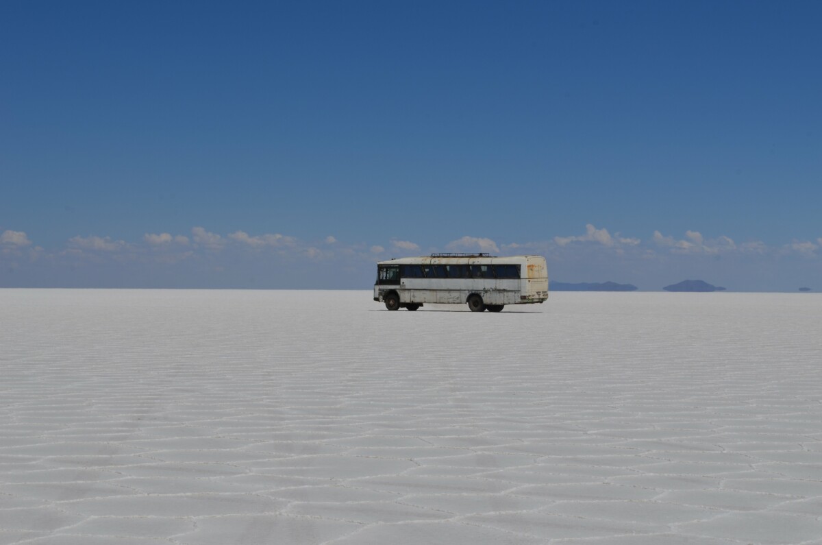 A white bus at Salar De Uyuni in southwest Bolivia