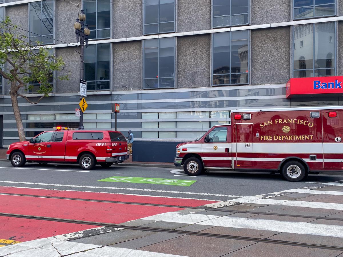 Fire trucks and ambulance parked in downtown San Francisco