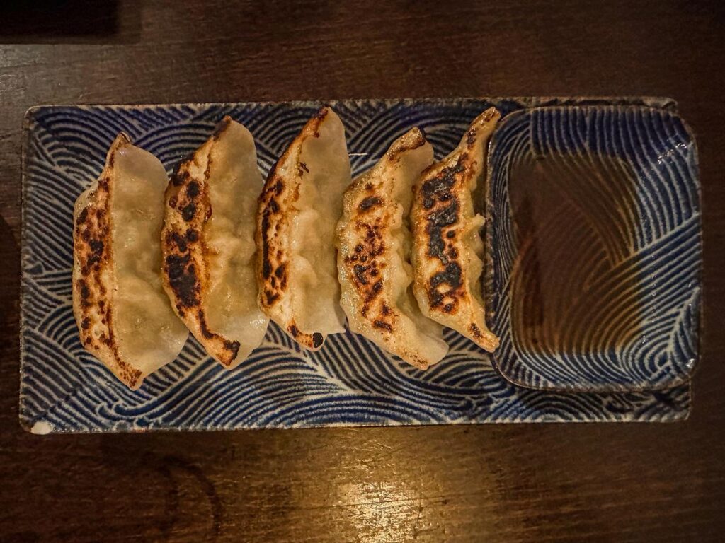 Pan-fried gyoza served on a blue patterned plate