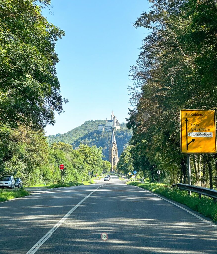 Scenic Drive in the Rhine Valley Featuring Marksburg Castle, Germany