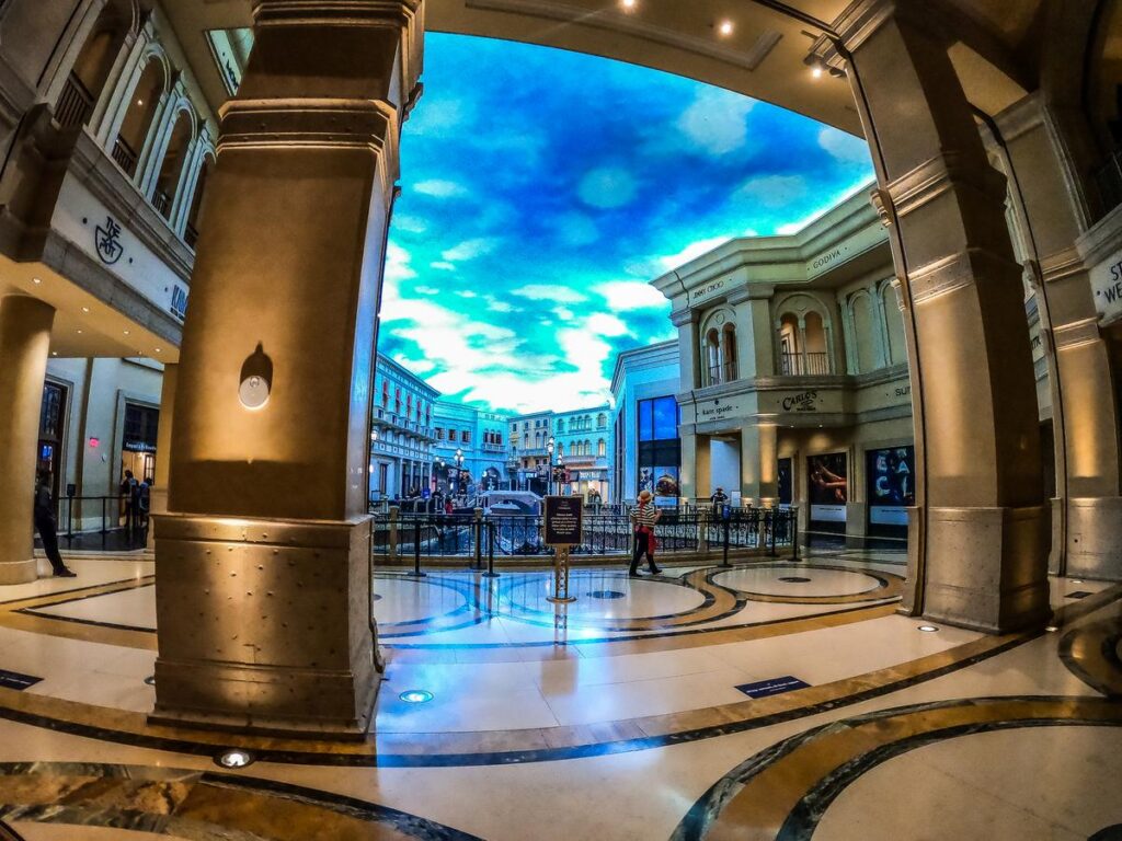 Wide-angle view of Shoppes at the Venetian Las Vegas under a painted sky, luxury shopping experience