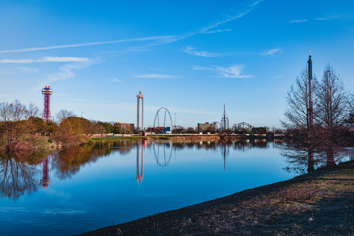 View of Six Flags Over Texas from a Lake