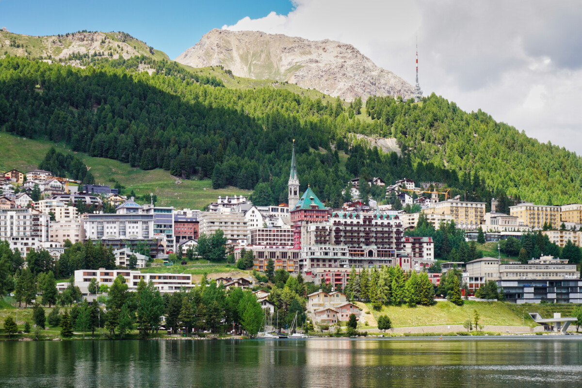 Panoramic view of St. Moritz town at the Engadine region in Switzerland