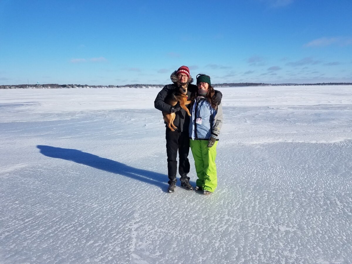 Author Stuart Jameson with his wife wearing winter clothes